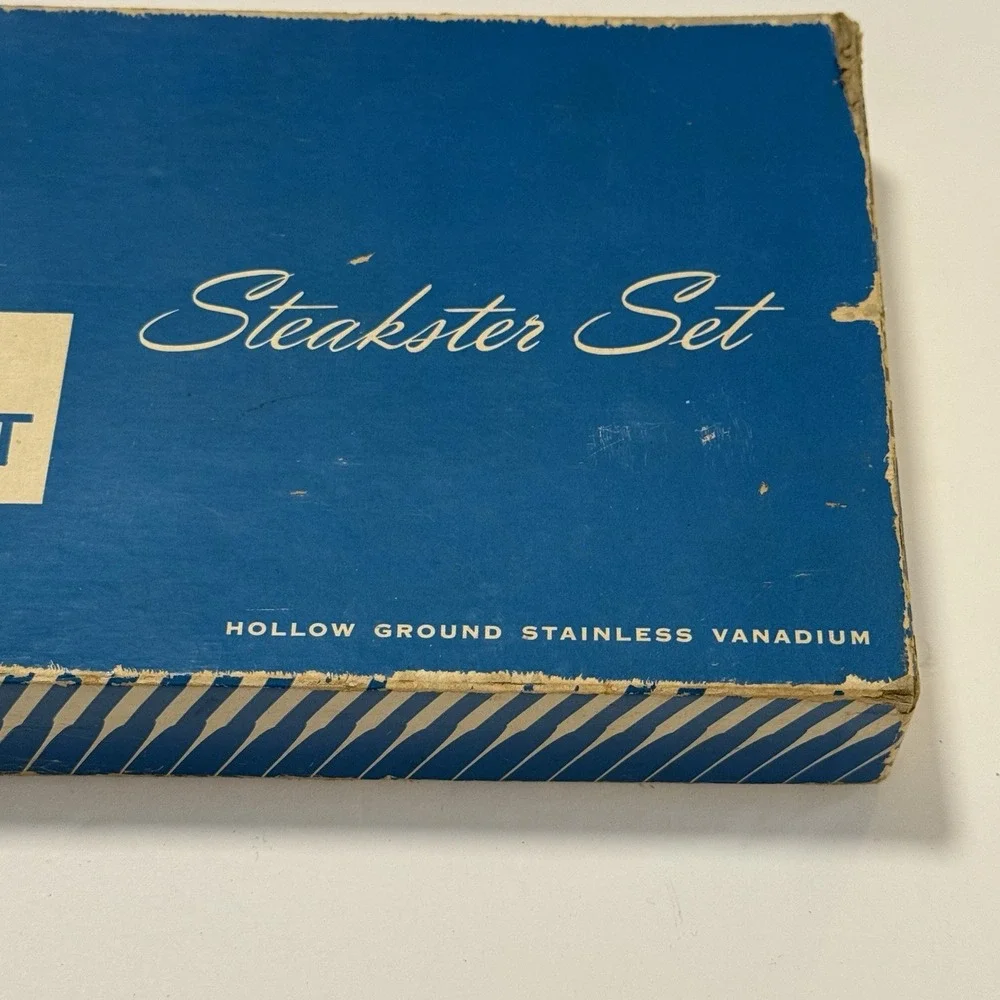 Ekco Flint Steakster Set 7 Steak Knives Stainless Vanadium Wood Holder Orig Box